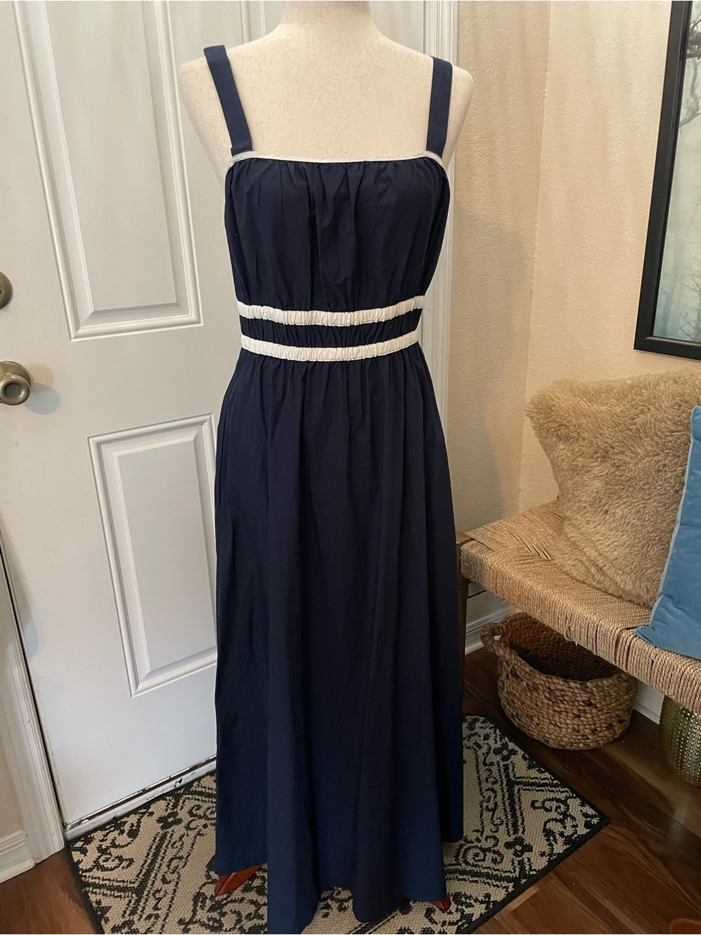 LOFT Navy Cotton Poplin A-Line Maxi Square Neck Sun Dress | New | 6